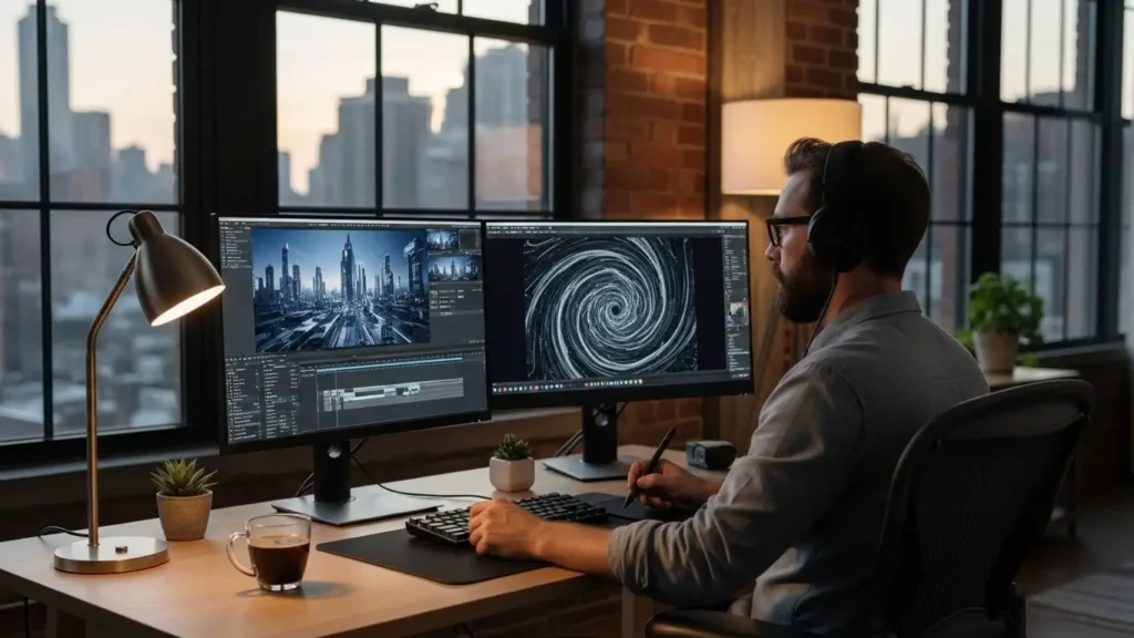 Creative professionals leverage generative technology to draft music and video content in a modern workspace.