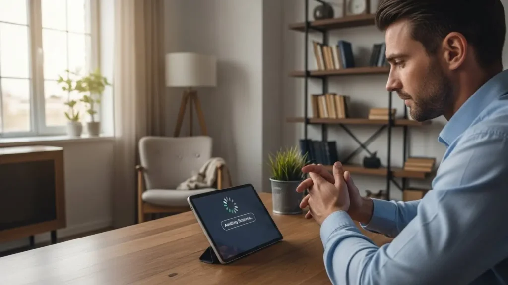 An entrepreneur waiting for a response from a passive AI automation tool in a home office.
