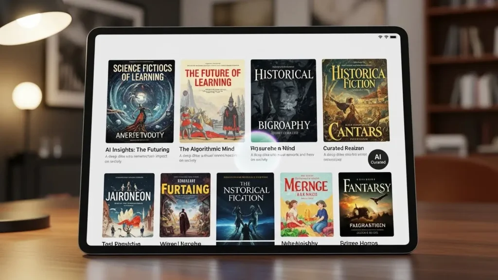 AI-curated reading list on a tablet for personal growth.