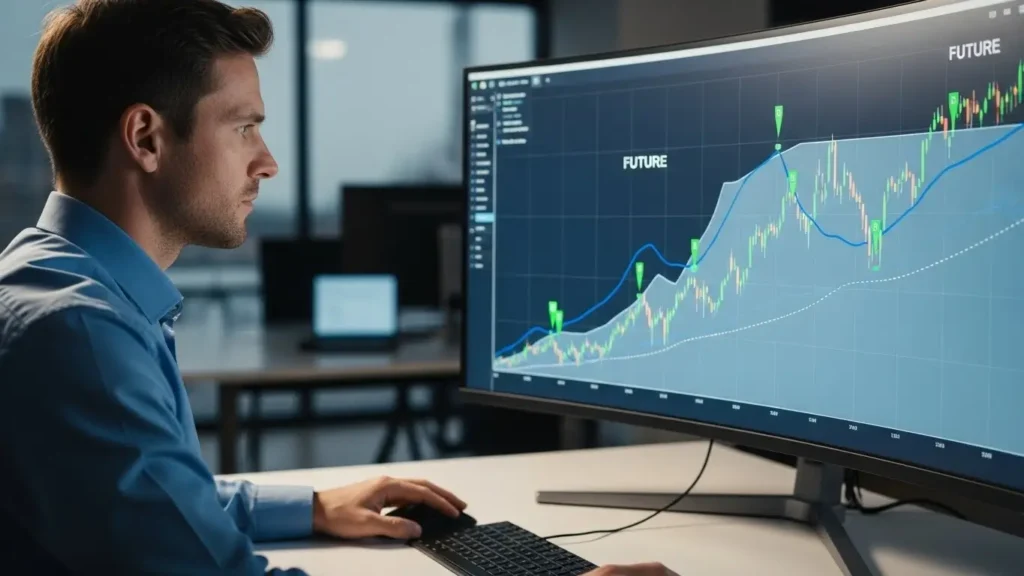 A professional using predictive analytics technology on a computer.