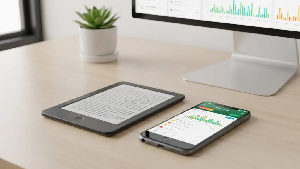 Smart reading tools and productivity apps on a minimalist desk.