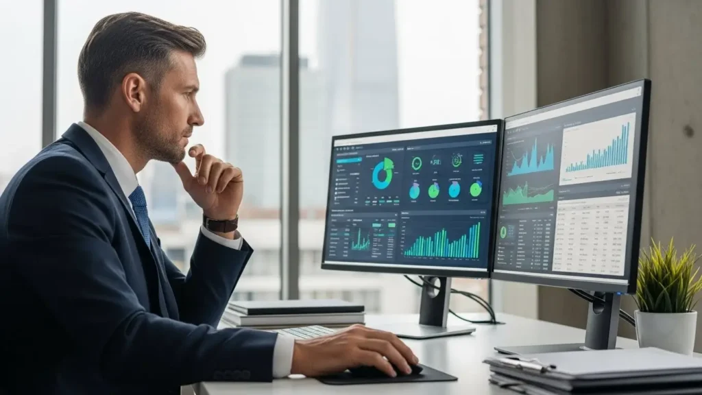 Professional using digital technology for reading and career development.