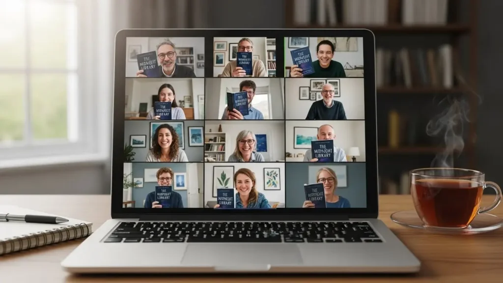 A virtual book club meeting via video technology for reading.