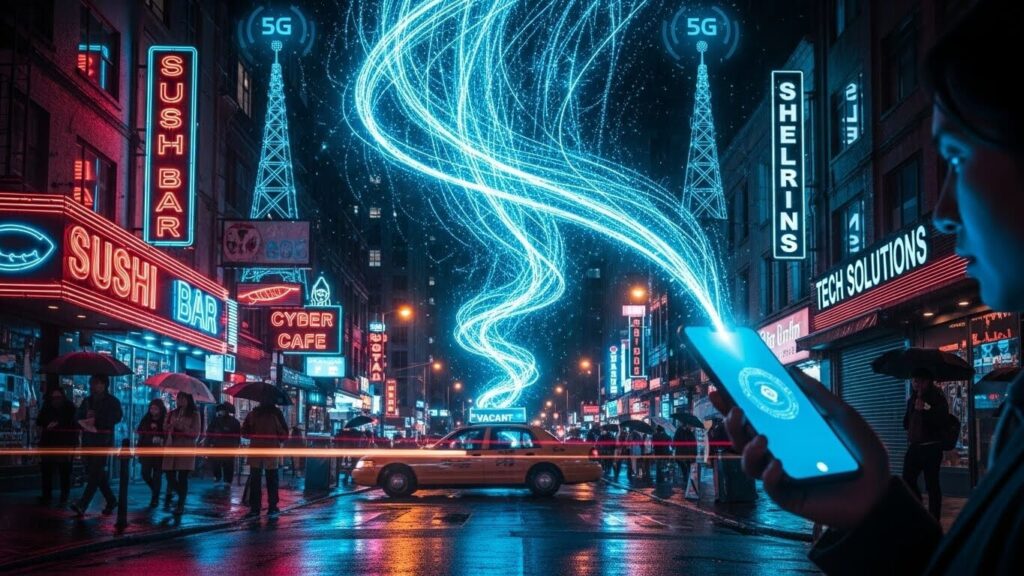 5G data streams connecting to a smartphone to show Realm 5G technology impact.