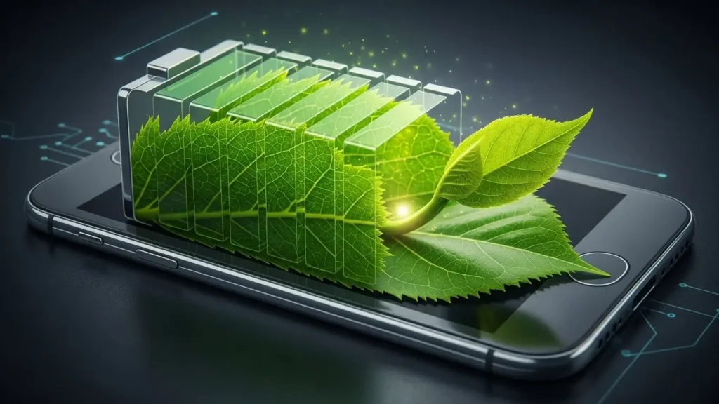 Green leaf battery icon symbolizing Realm AI battery management efficiency.