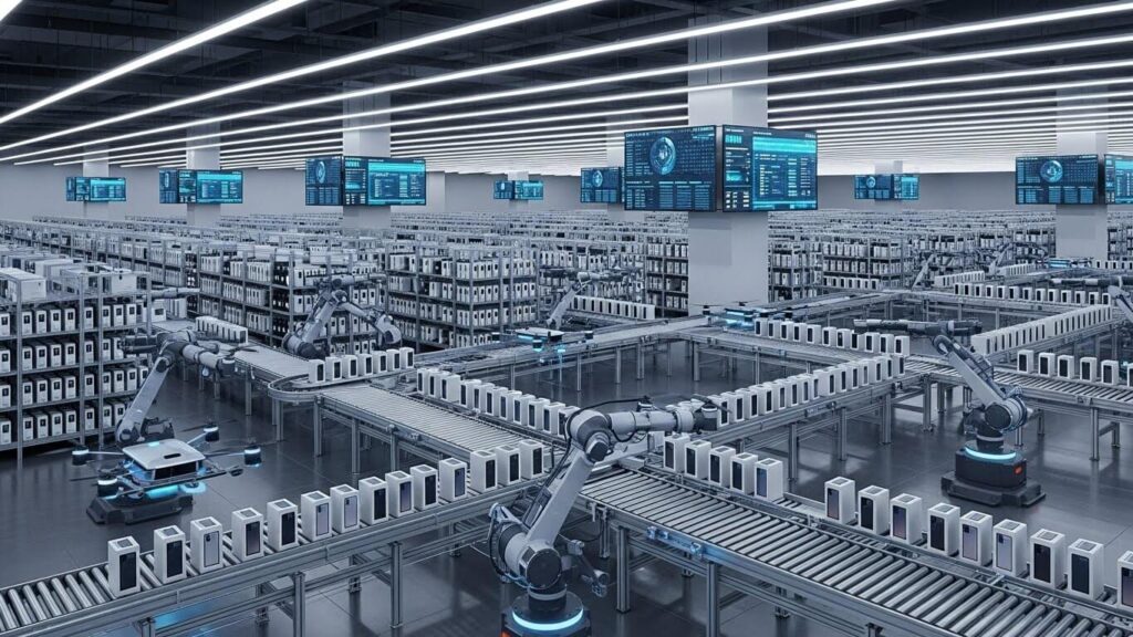 High-tech logistics center showing Realm business model innovation in 2025.