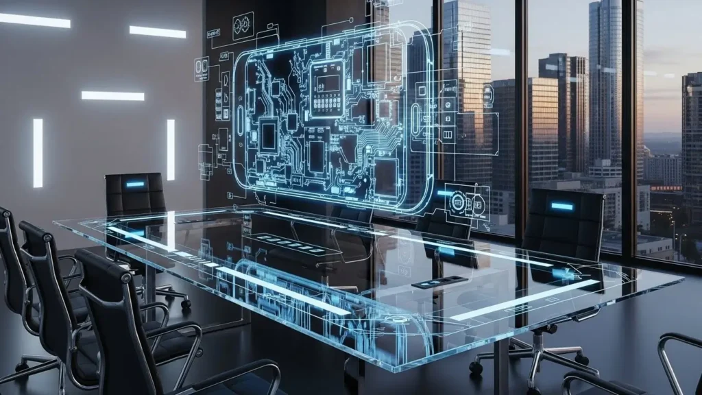 A professional boardroom displaying Realm technology innovation for growth in 2025.