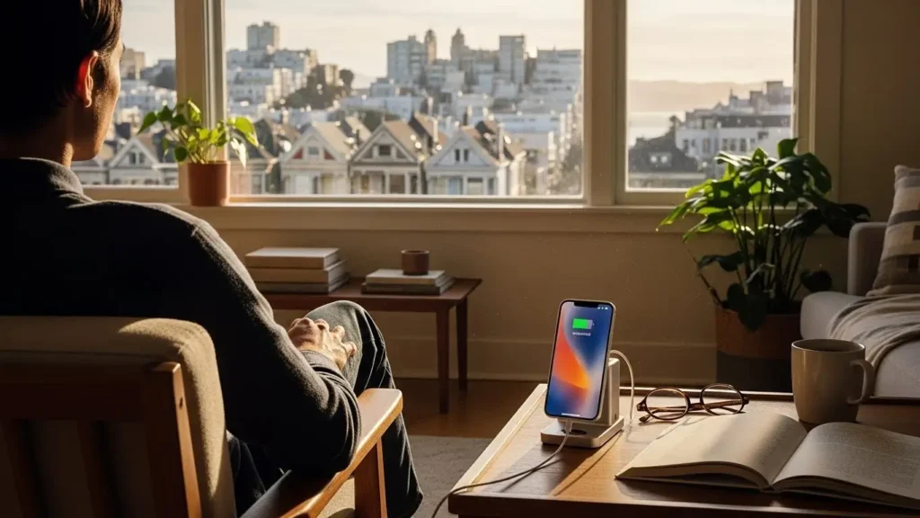 A user enjoying the Realm technology experience with fast charging in a modern home.