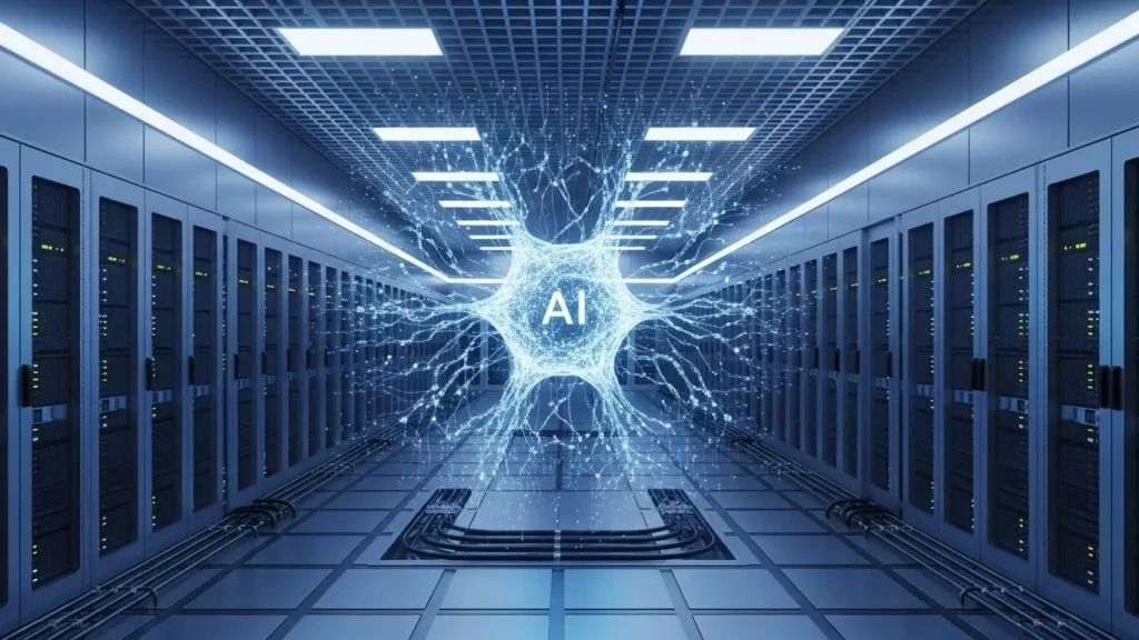 A high-tech US data center core representing the rise of autonomous AI innovations.