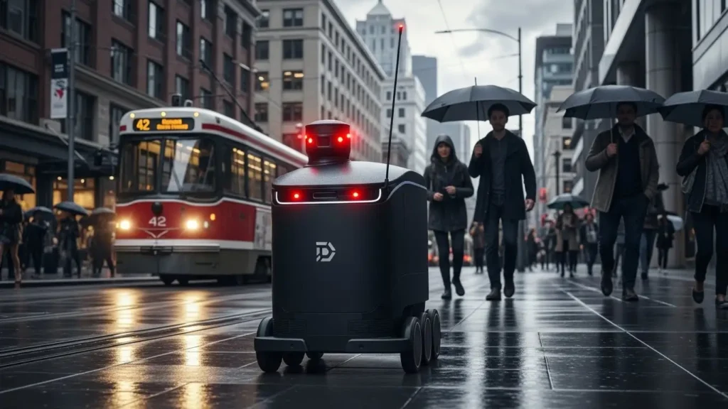 An autonomous delivery robot navigating a US city as described by WIRED.