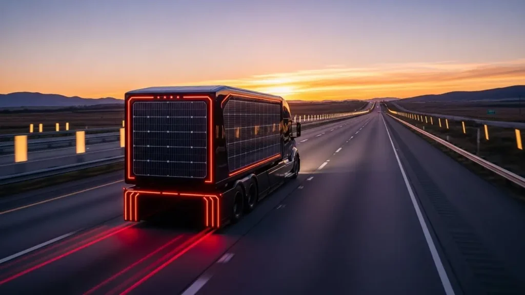 A solar-electric truck navigating a US highway following WIRED tech trends.