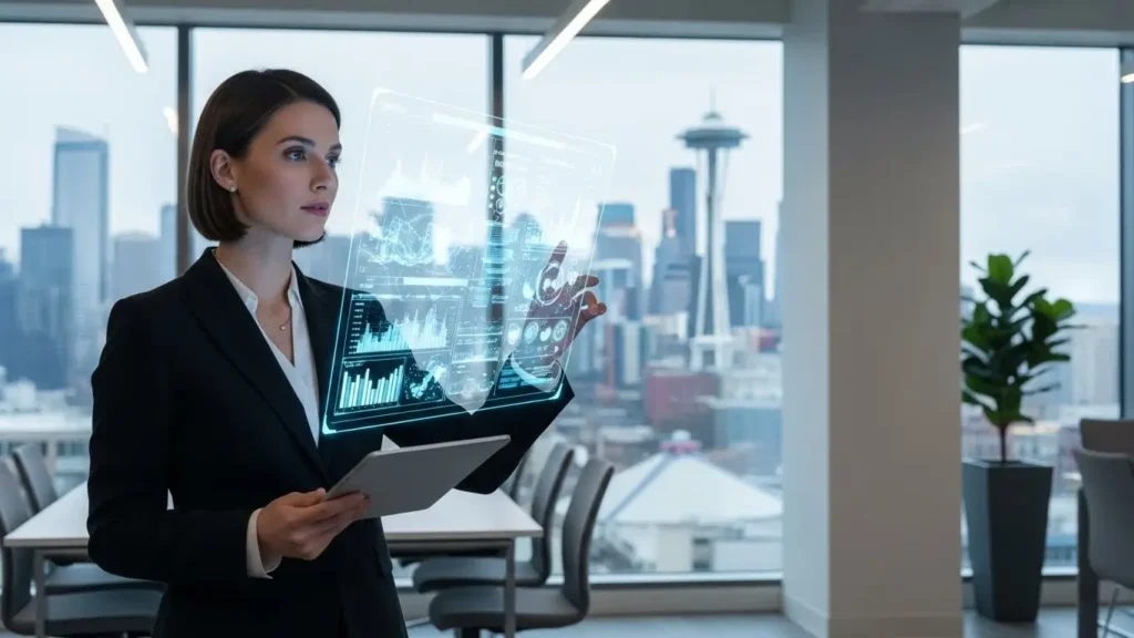 Professional using strategic gadgets to enhance productivity in a 2025 office setting.