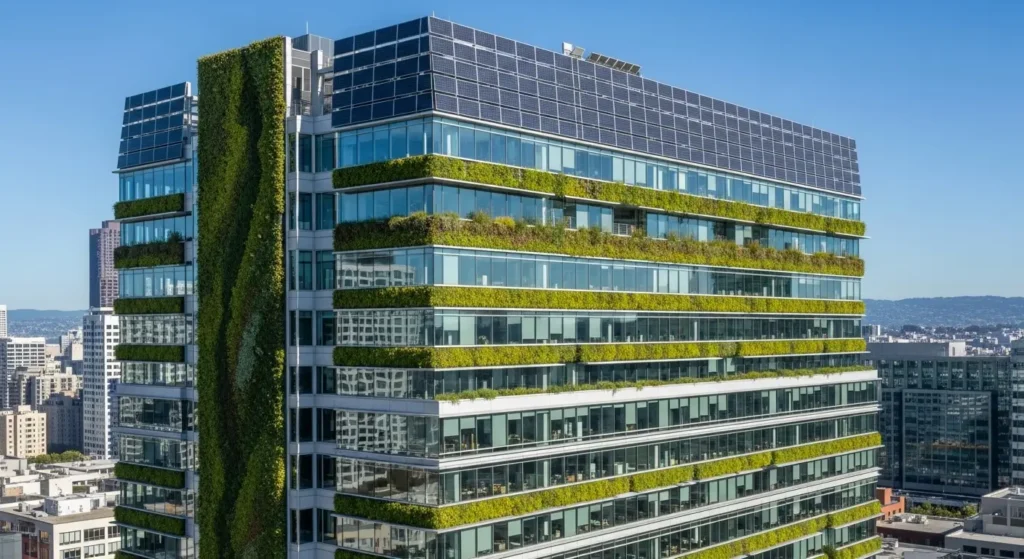 A sustainable business headquarters utilizing green technology and renewable energy solutions.