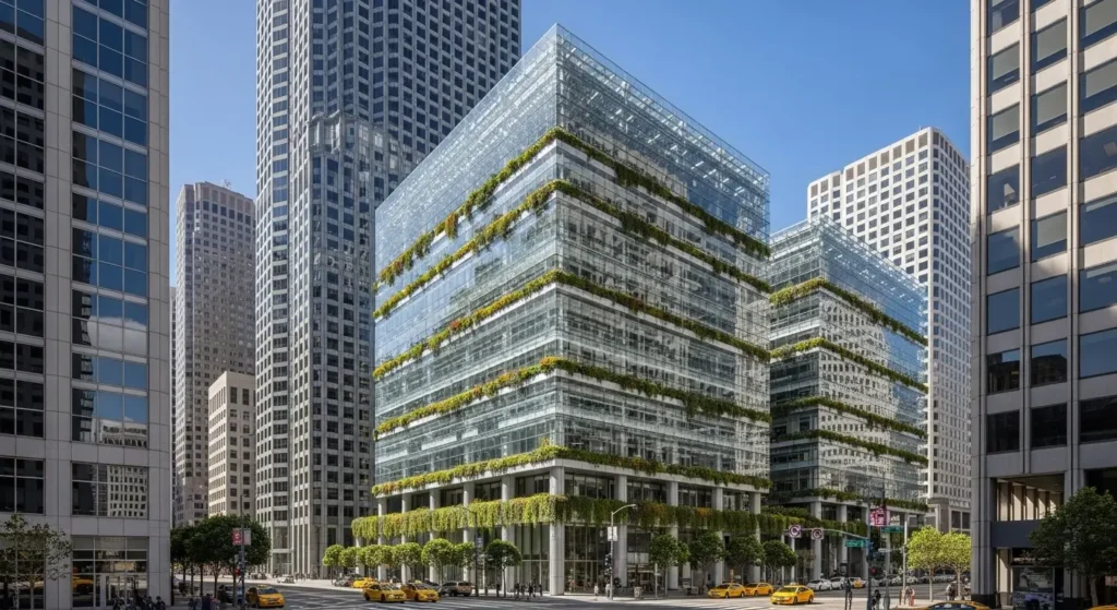 A modern eco-friendly business headquarters with solar panels and vertical gardens.