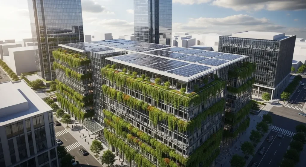 Modern corporate building with vertical gardens and solar panels illustrating sustainable environmental practices.