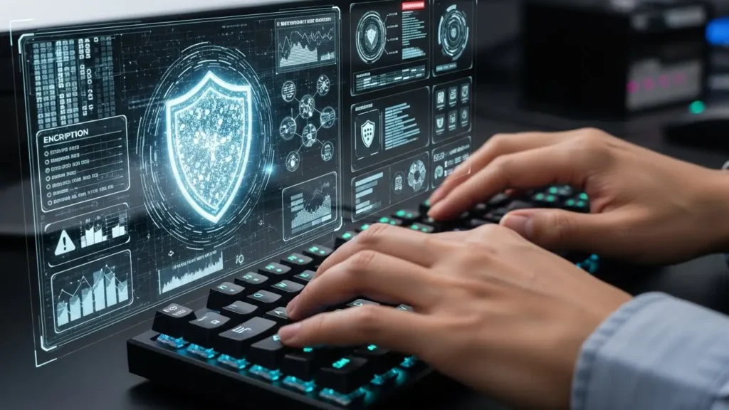 A high-tech interface displaying TechCrunch cybersecurity AI-driven threat intelligence.