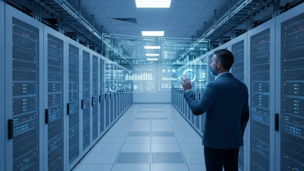A corporate server room representing the TechCrunch AI and machine learning shifts in 2025.
