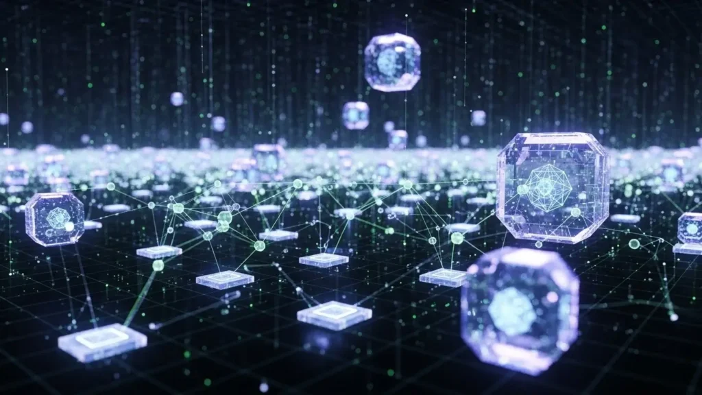 An abstract visual of the TechCrunch blockchain and quantum computing pillars.