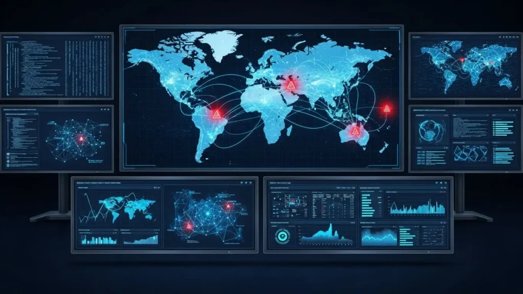 Security analysts working in a SOC to defend against TechCrunch cybersecurity threats.
