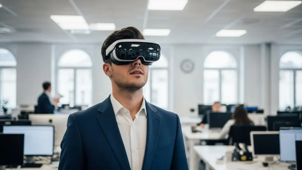 An employee using immersive TechCrunch future of work tools in a modern office.