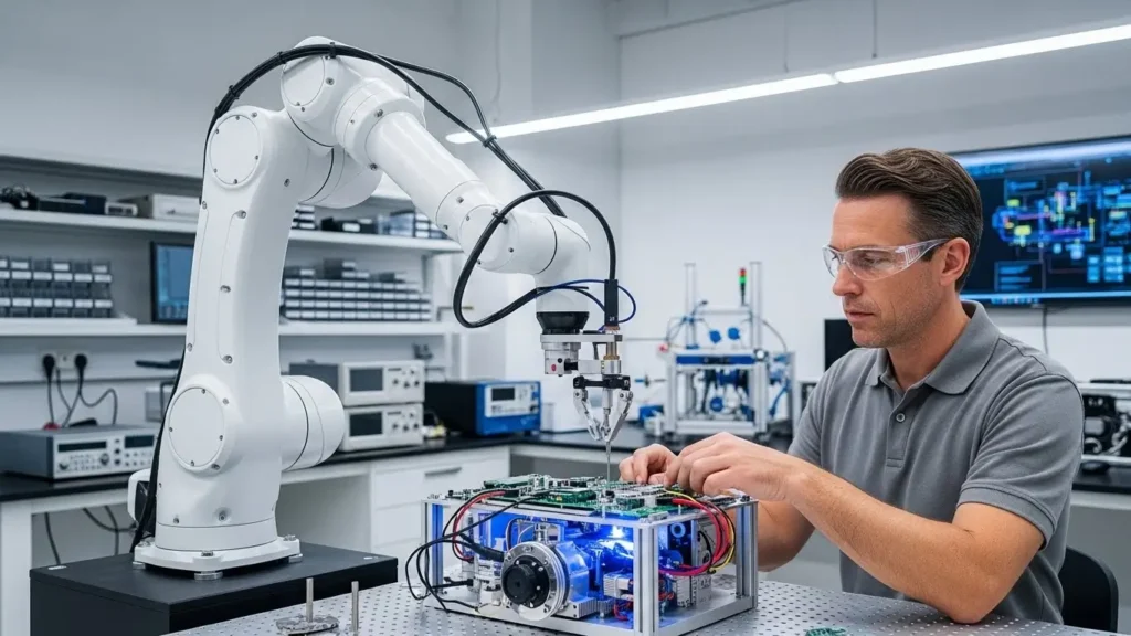 A professional collaborating with a robotic assistant, highlighting TechCrunch workplace trends.