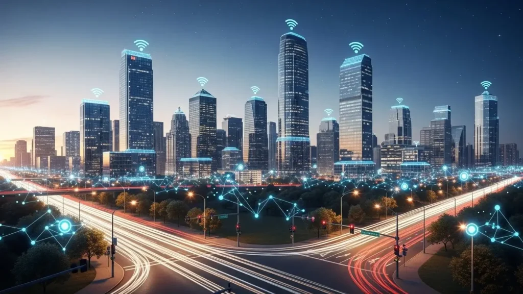 A sunset view of an American smart city powered by a TechCrunch IoT data ecosystem.