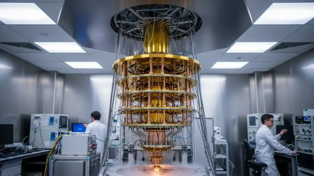 State-of-the-art quantum computer hardware representing TechCrunch scientific breakthroughs.