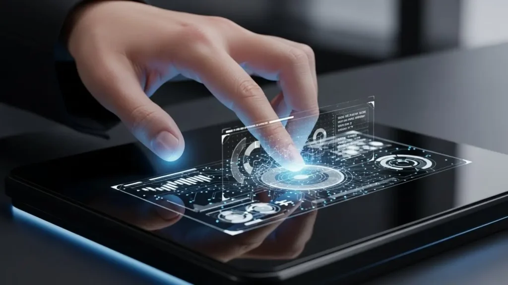 Human expertise and intelligence technology working together in a premium office.