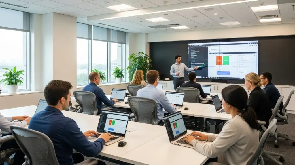 Training a workforce on new professional computer technology and innovation.