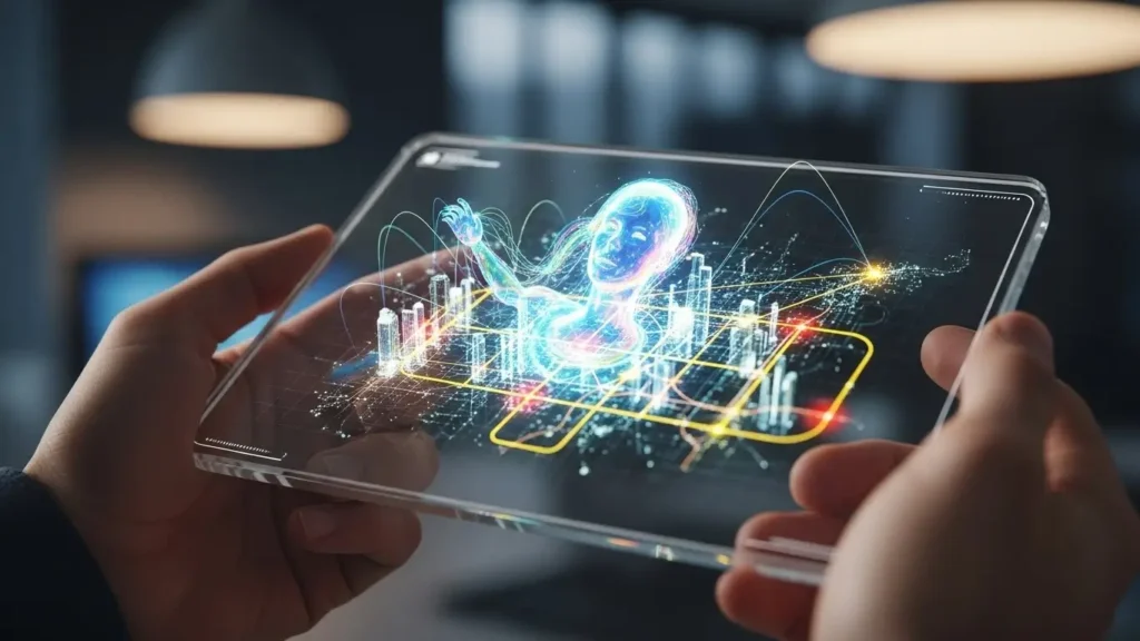 A universal AI assistant managing complex tasks via 2025 mobile gadgets.