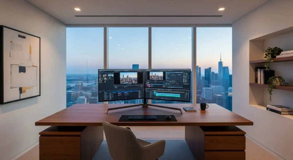 A premium home office setup designed for successful YouTube Automation and passive income.