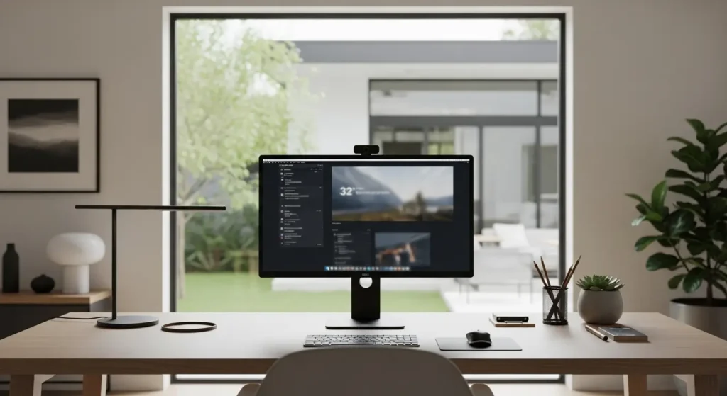 A premium workspace in the US featuring a monitor displaying digital tech headlines for high-impact marketing.