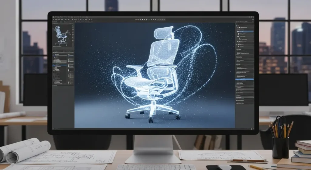 Photorealistic 3D assets generated by AI tools, showcasing a high-end design vibe.