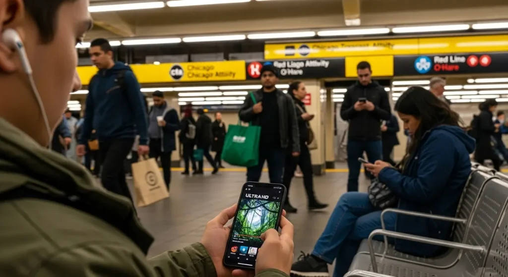 High-speed 5G video technology enabling ultra-HD streaming on a mobile device in a city.