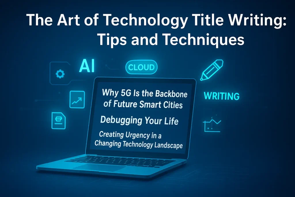 Creative writer crafting futuristic tech headlines amid holographic icons and glowing digital strategy elements.