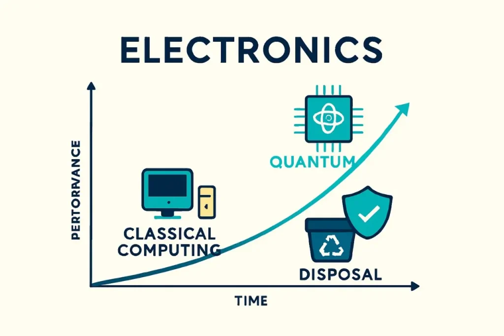 Electronics chart comparing quantum computing performance with classical computing growth.