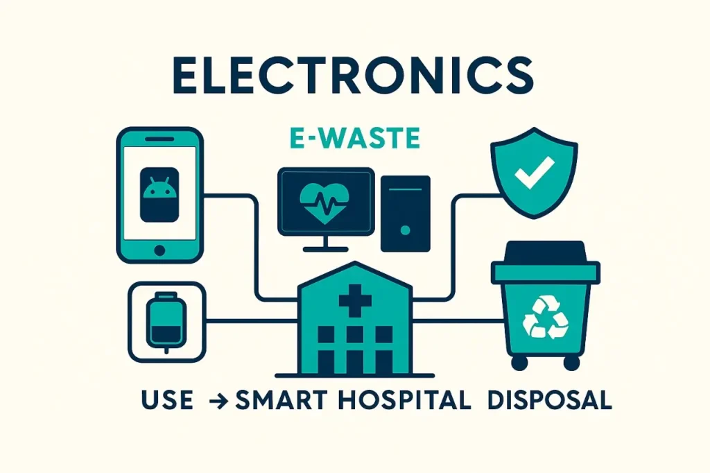 Electronics e-waste infographic showing device usage, disposal methods, and global recycling impact.