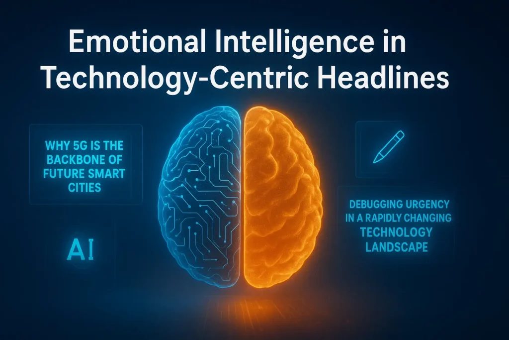 Futuristic writer crafting tech headlines with glowing AI icons and human silhouettes for empathy and shareability.