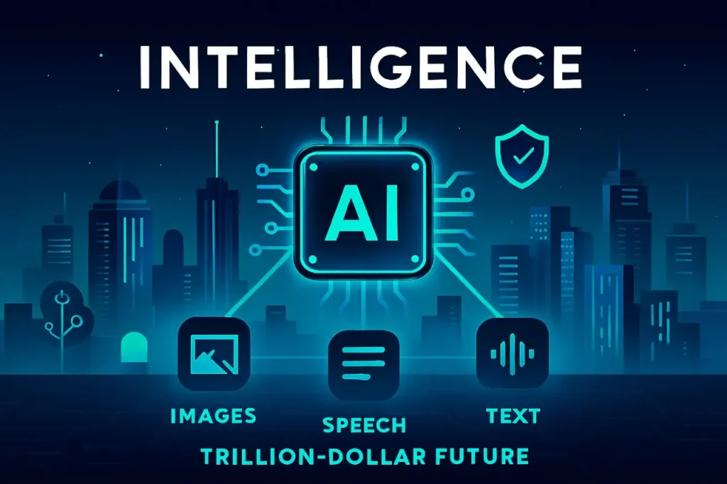 Intelligence powers futuristic AI city with edge devices, quantum circuits, and multimodal model processing.