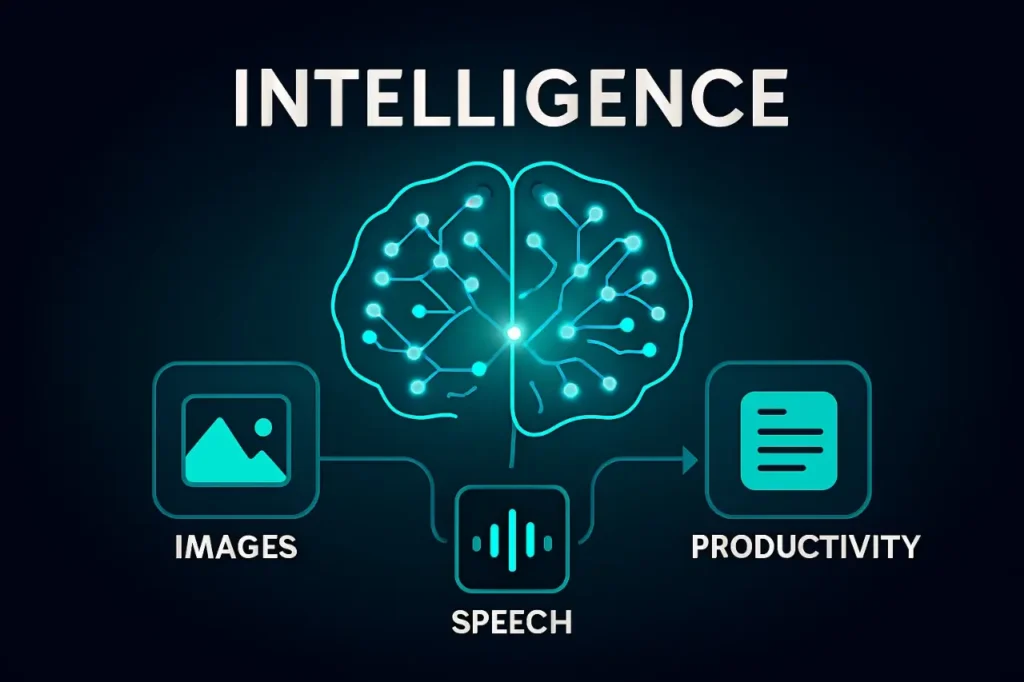 Intelligence visualized as a glowing AI brain analyzing images, speech, and text for modern innovations.