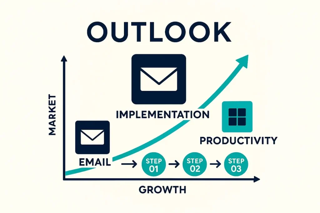 Outlook step-by-step implementation diagram guiding setup, integration, and optimization for productivity.