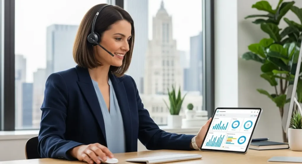 An AI sales representative powered by ai android apps 2025 in a corporate setting.