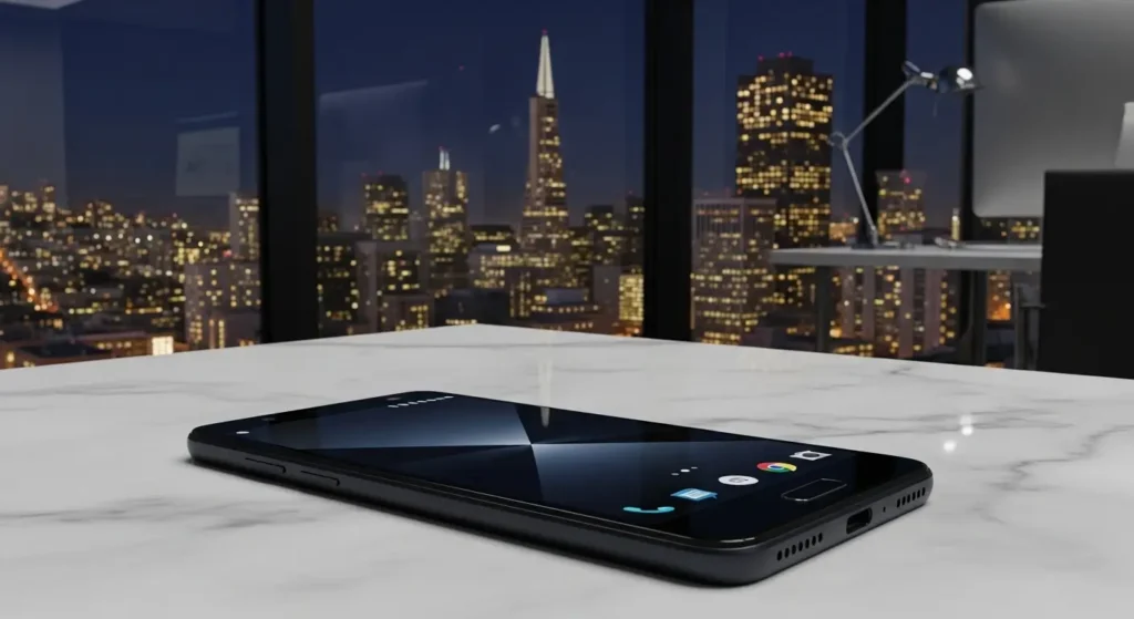 A premium smartphone on a desk representing ai android apps 2025 for business.