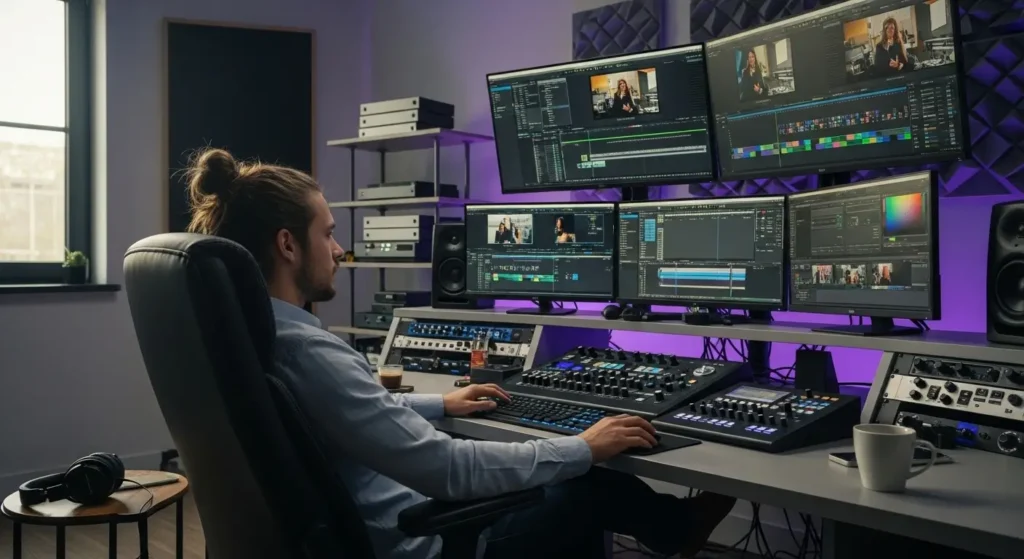 A professional editor using AI-generated video technology to speed up the production workflow.