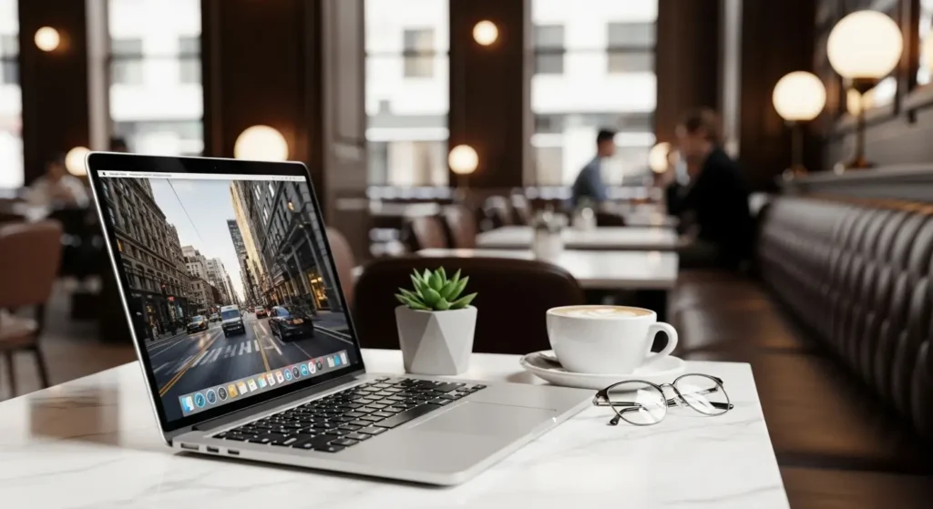 A high-end lifestyle shot in a US cafe featuring a laptop used for optimizing headlines with AI technology.