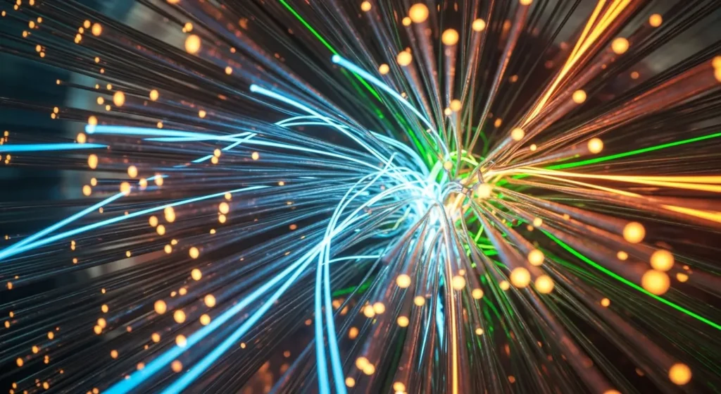 A conceptual representation of 5G and quantum-ready technology powering the future of mobile apps.