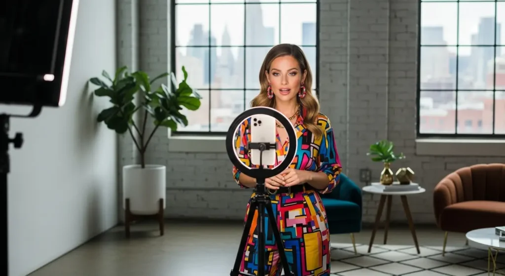 An influencer creating promotional content for cutting-edge mobile apps in a professional studio.