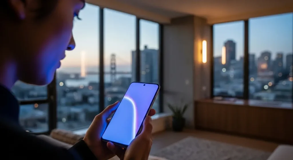 A professional using high-end AI Android Apps in a modern home office setting.