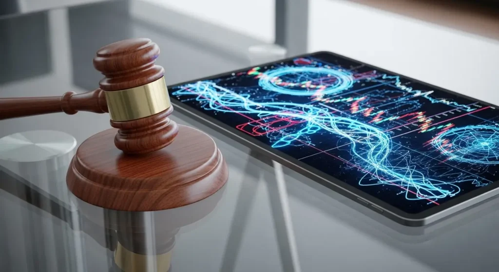 A gavel next to a digital tablet representing the regulatory challenges in implementing technology reform.