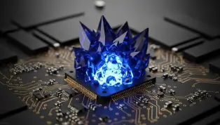 A crystalline growth on a circuit board representing the stability found through technology reform.